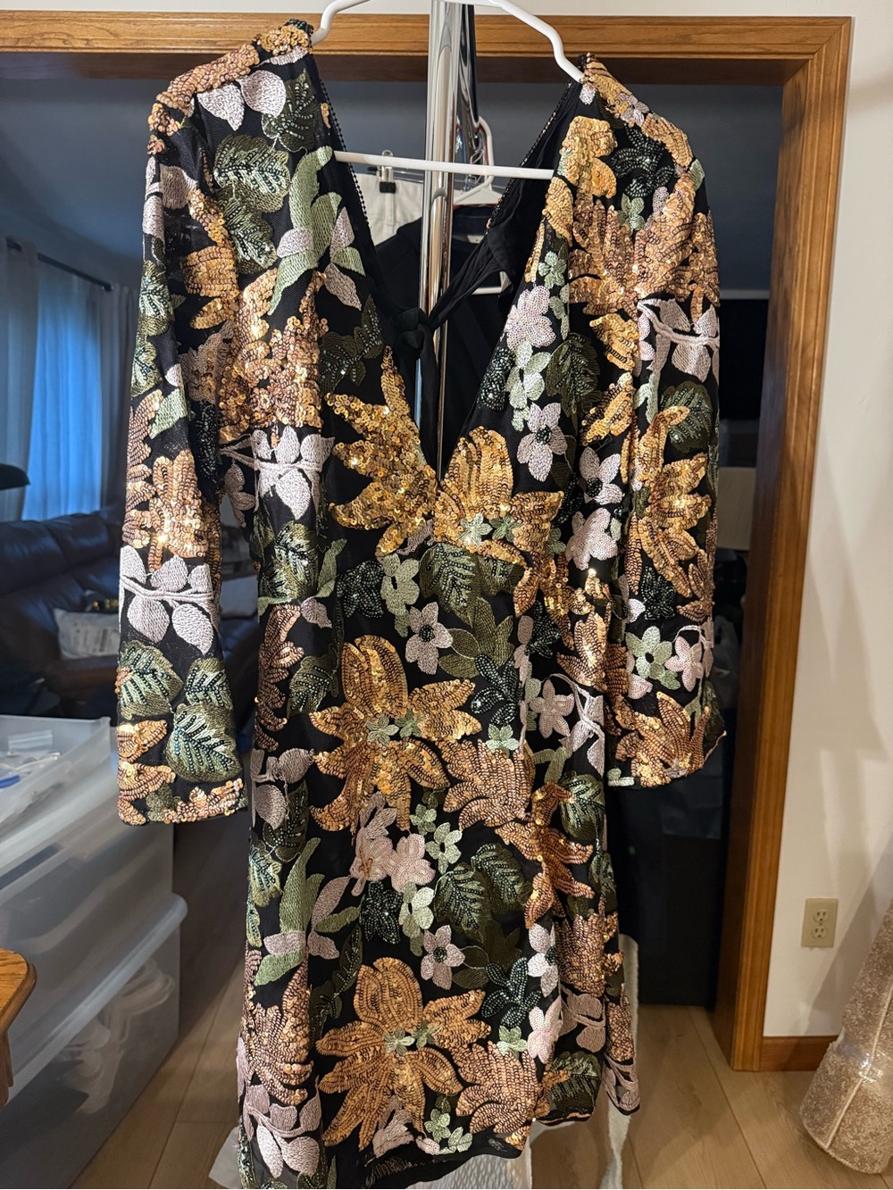 Anthropologie Black Long-Sleeve Floral Sequin Dress